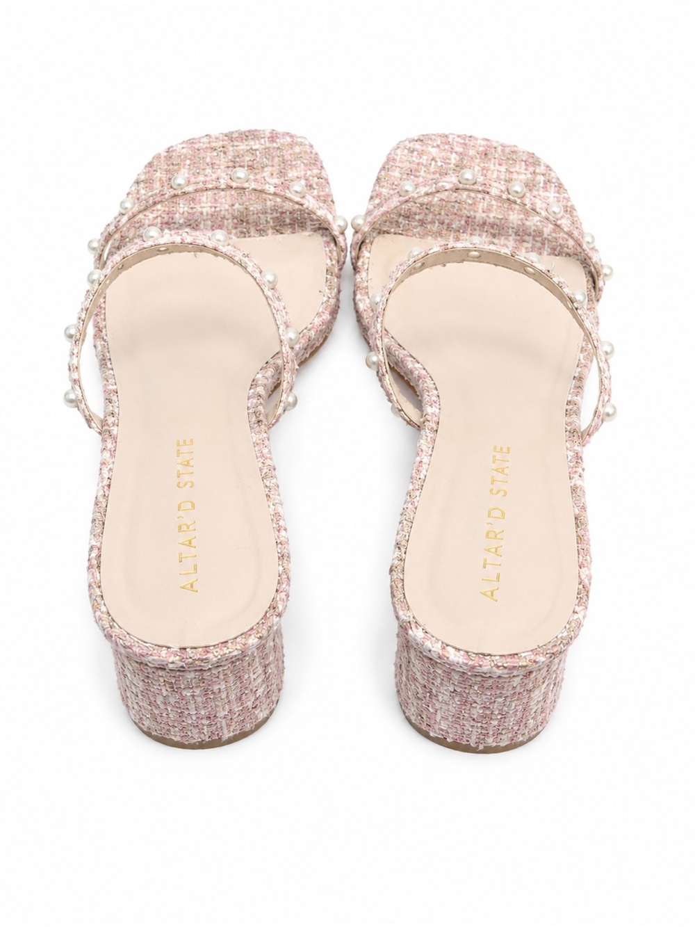 Altar'd State Pink Tweed Pearl-Embellished Block Heel Mules